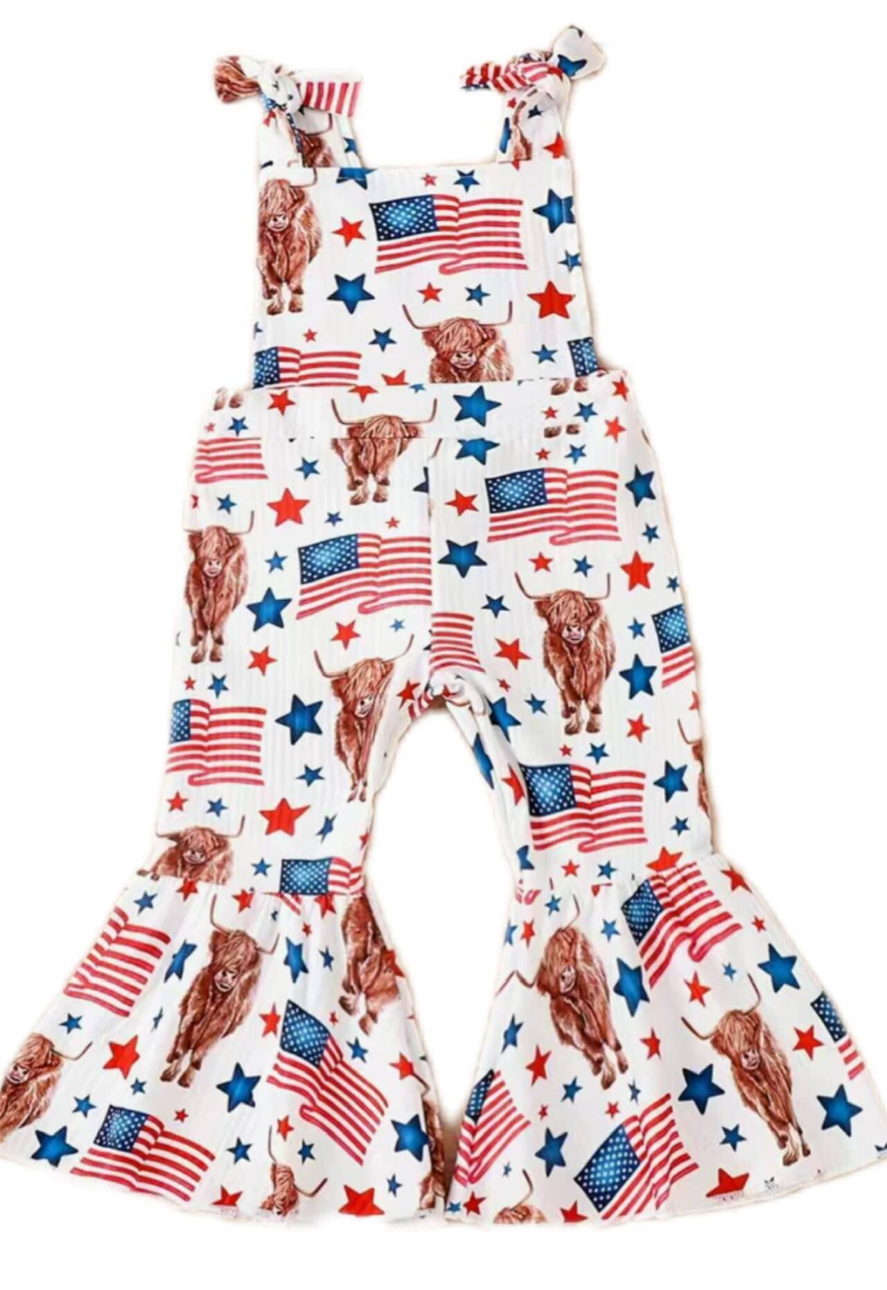 preorder SR0832 July 4th Highland Cow Flag Sleeveless Girls Jumpsuits