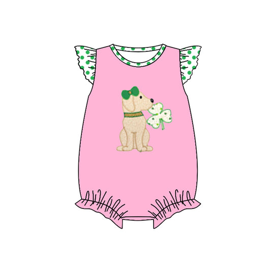preorder SR0834 Saint Patrick Dog Clover Pink Flutter Sleeve Girls Romper