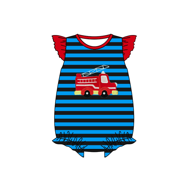 preorder SR0835 Baby Girl construction Fire Truck Blue Striped Flutter Sleeve Girls Romper Kids Summer Clothes