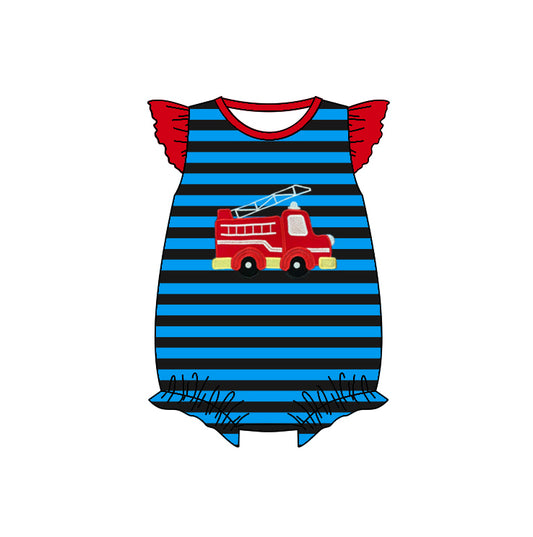 preorder SR0835 Baby Girl construction Fire Truck Blue Striped Flutter Sleeve Girls Romper Kids Summer Clothes