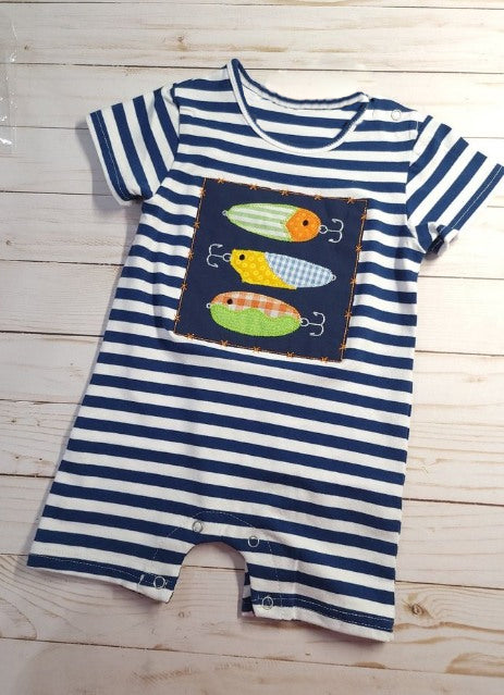 preorder SR0839 Baby Boy Clothes Hunting Fishing Navy Blue Striped Short Sleeve Boys Romper Kids Cute Clothes