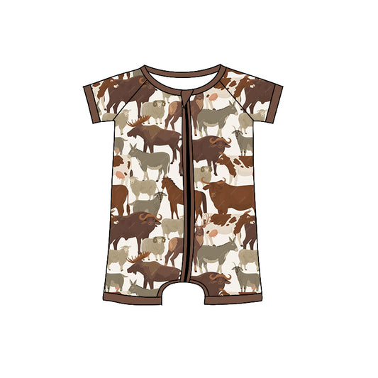 preorder SR0840 Baby Boy Clothes Western Cow Brown Short Sleeve Zipper Boys Romper Kids Western Clothes