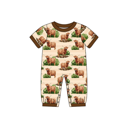 preorder SR0843 Baby Boy Highland Cow Brown Short Sleeve Boys Romper Kids Western Clothes