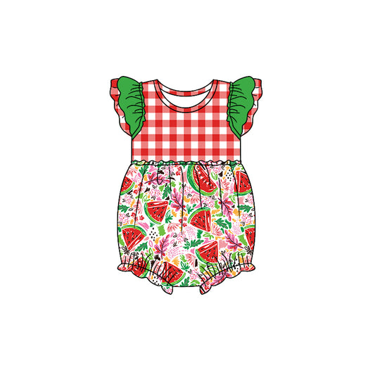 preorder SR0846 Watermelon Red Checkered Flutter Sleeve Girls Romper