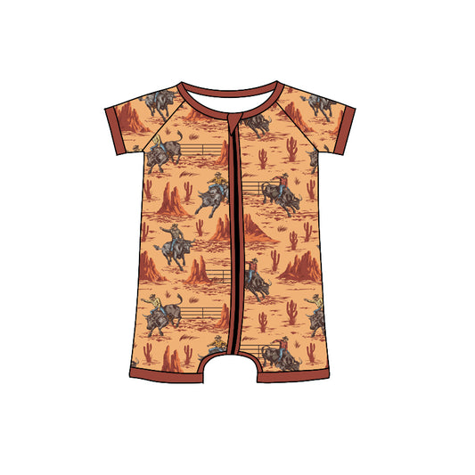 preorder SR0855 Western Rodeo Brown Short Sleeve Zipper Boys Romper