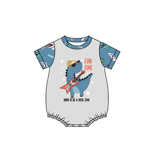 preorder SR0857 Fun Time Rock  Dinosaur Blue Short Sleeve Boys Romper
