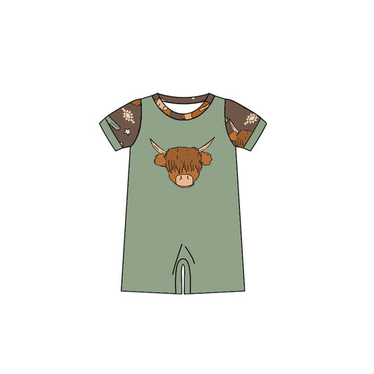preorder SR0864 Highland Cow Boot Cactus Green Short Sleeve Boys Romper