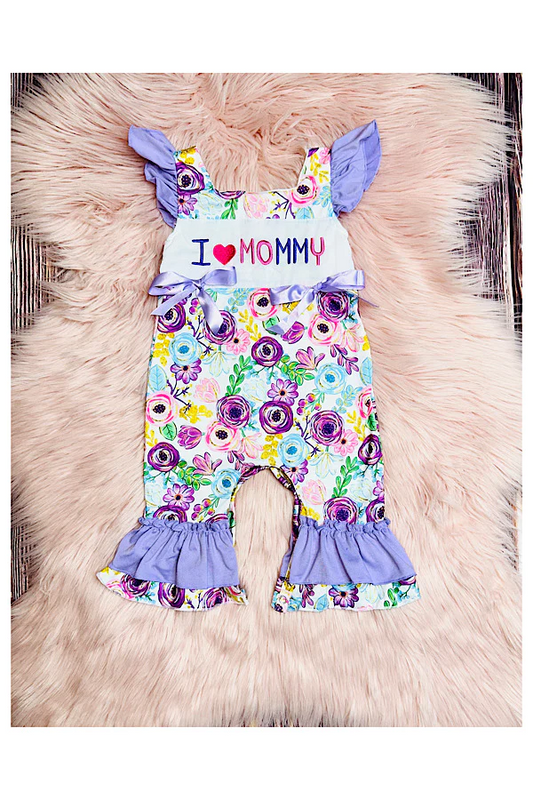 preorder SR0868 I Love Mommy Purple Flowers Flutter Sleeve Girls Romper