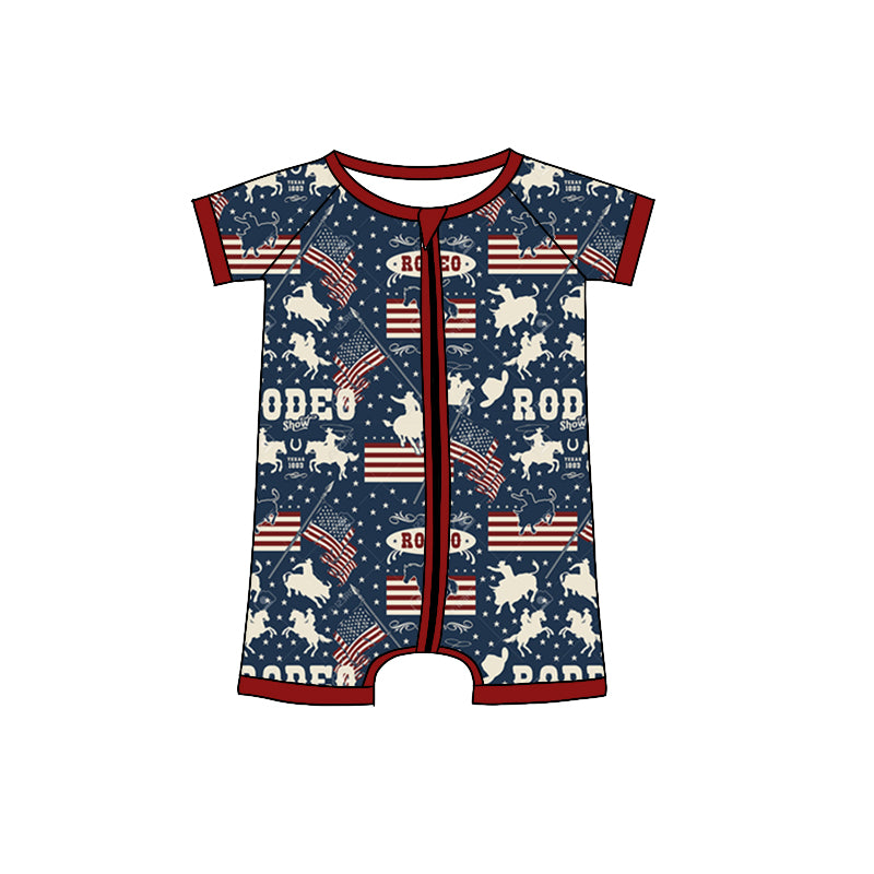 preorder SR0869 July 4th Western Rodeo Flag Blue Short Sleeve Zipper Blue Boys Romper