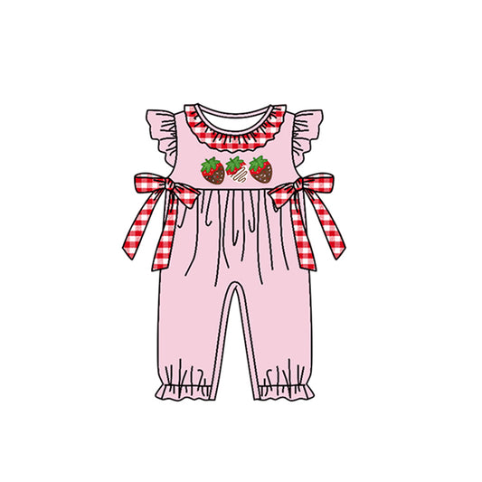 preorder SR0872 Strawberry Pink Bowknot Pocket Short Sleeve Girls Romper