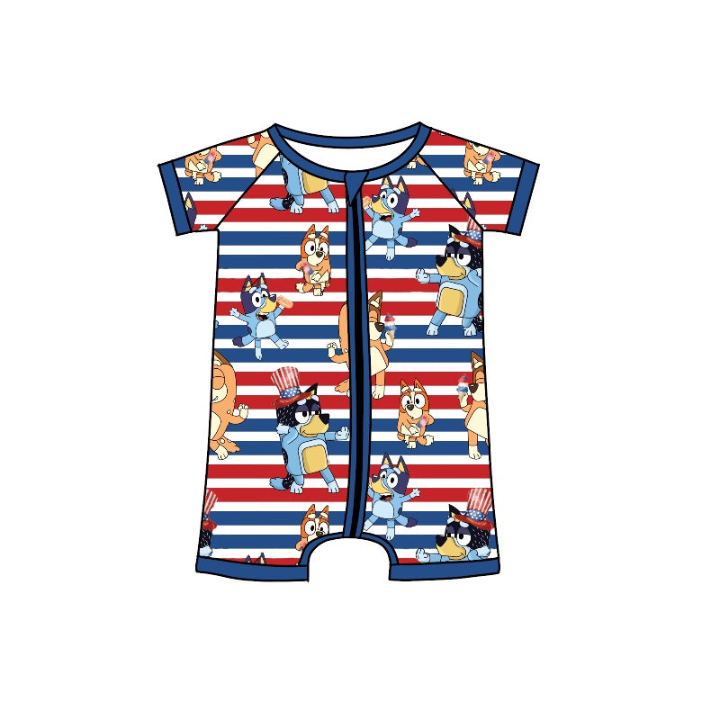 preorder SR0878 July 4th Cartoon Blue Dog Red Blue Striped Short Sleeve Zipper Boys Romper