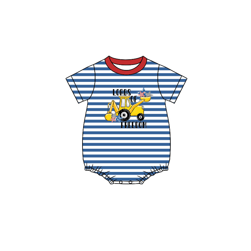 preorder SR0878 July 4th Lords Of Freedom Tractor Blue Striped Short Sleeve Boys Romper