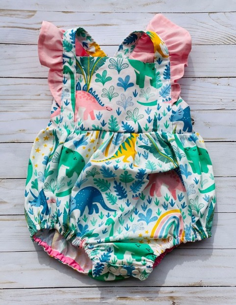 preorder SR0880 Colorful Dinosaur Rainbow Green Flutter Sleeve Girls Romper