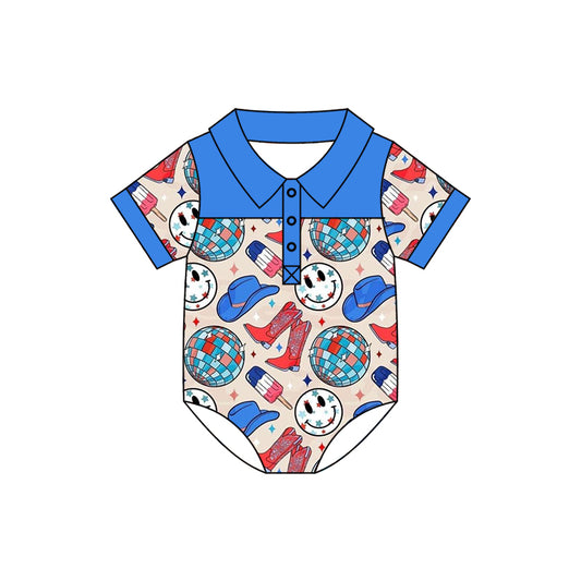 preorder SR0885 July 4th Disco Ball Boot Blue Short Sleeve Boys Romper