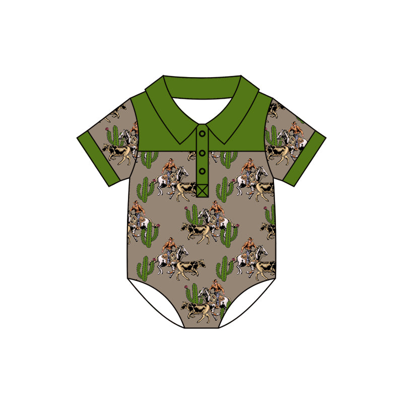 preorder SR0888 Western Horse Rodeo Cactus Short Sleeve Boys Romper