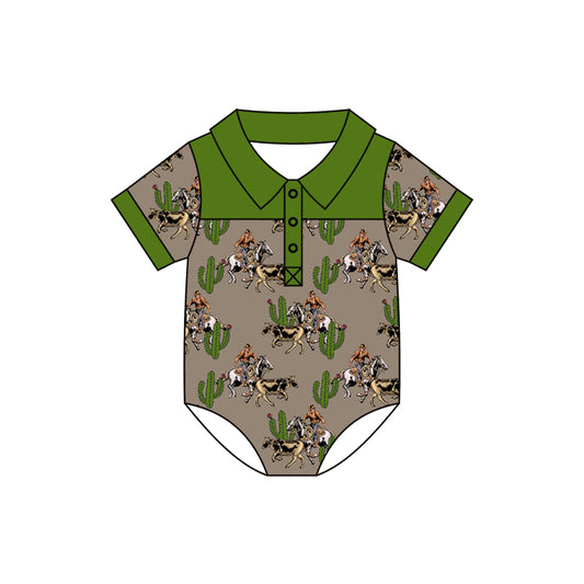 preorder SR0888 Western Horse Rodeo Cactus Short Sleeve Boys Romper