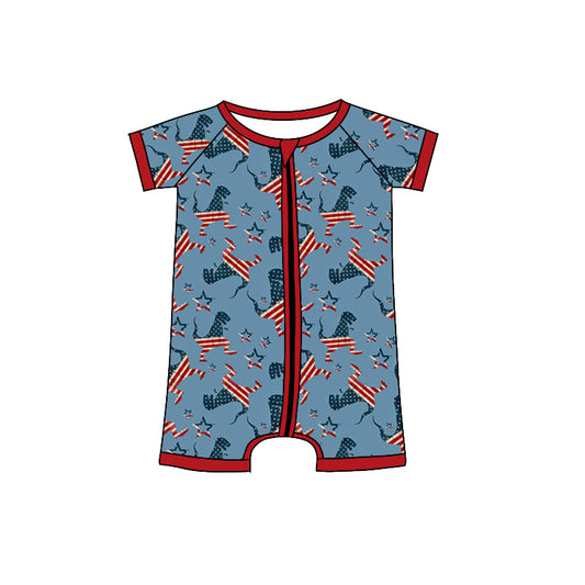 preorder SR0889 July 4th Dinosaur Blue Short Sleeve Zipper Boys Romper