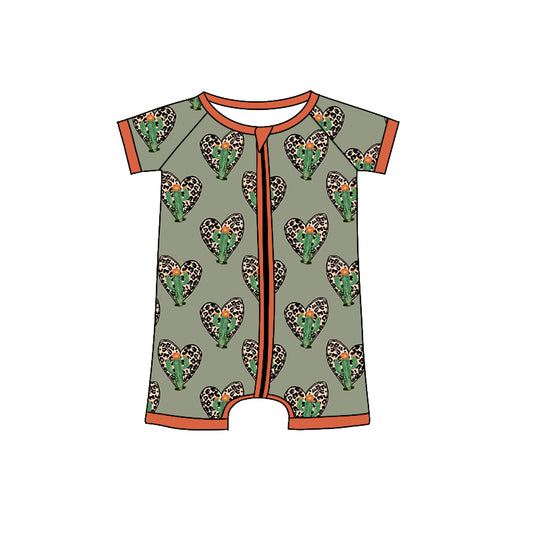 preorder SR0903 Leopard Heart Cactus Green Short Sleeve Zipper Boys Romper