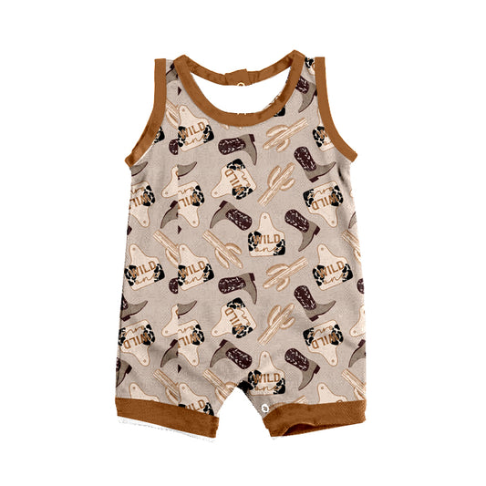 preorder SR0910 Western Wild Boot Cactus Brown Sleeveless Boys Romper