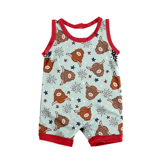 preorder SR0918 July 4th Star Cute Highland Cow Sleeveless Boys Romper