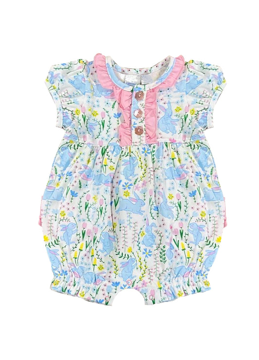 Preorder SR0936 Easter Blue Rabbit Flowers Short Sleeve Girls Romper