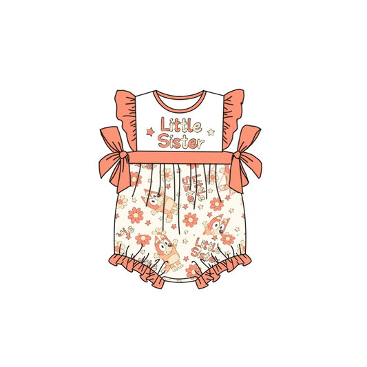 preorder SR0948 Little Sister Cartoon Cute Dog Orange Flowers Flutter Sleeve Girls Romper