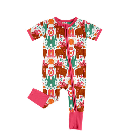 preorder SR0949 Western Highland Cow Hat Cactus Hot Pink Short Sleeve Zipper Girls Romper