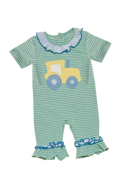 preorder SR0950 Yellow Tractor Green Striped Short Sleeve Girls Romper