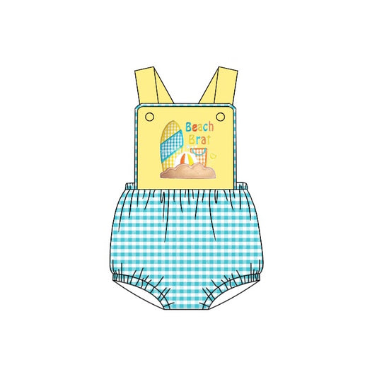 preorder SR0955 Beach Brat Yellow Sleeveless Green Checkered Boys Romper