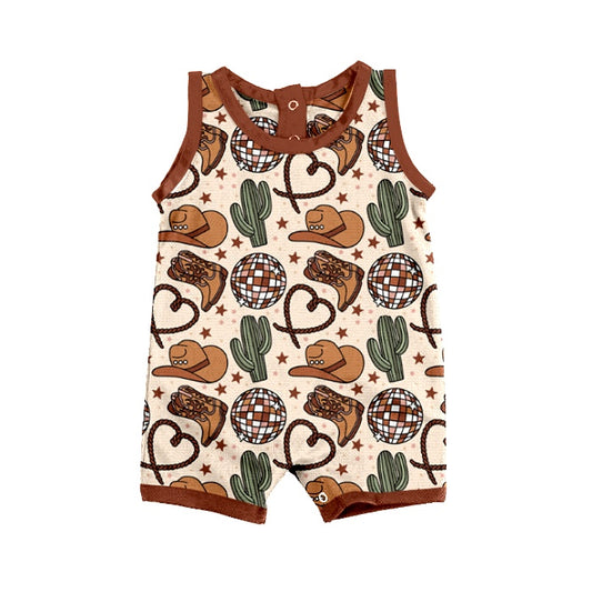 preorder SR0972 Western Hat Cactus Boot Brown Sleeveless Boys Romper