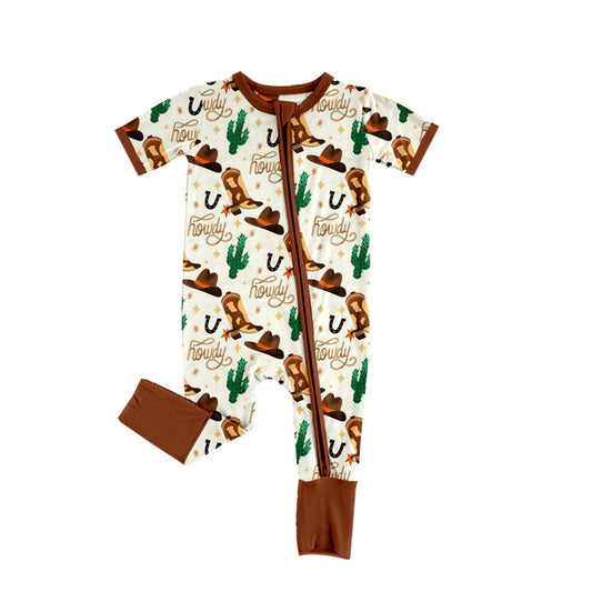 preorder SR0985 Western Cactus Boot Hat Brown Short Sleeve Zipper Boys Romper