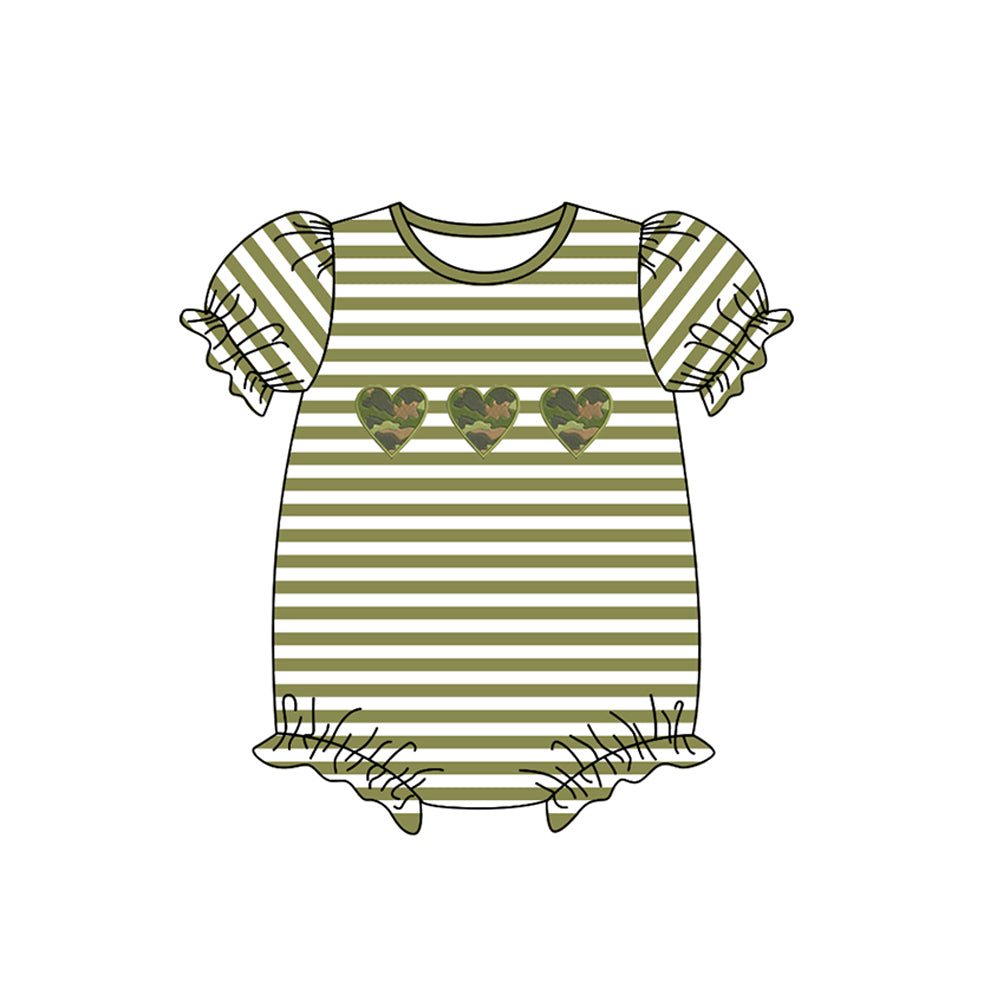 preorder SR0992 Camo Heart Green Striped Short Sleeve Girls Romper