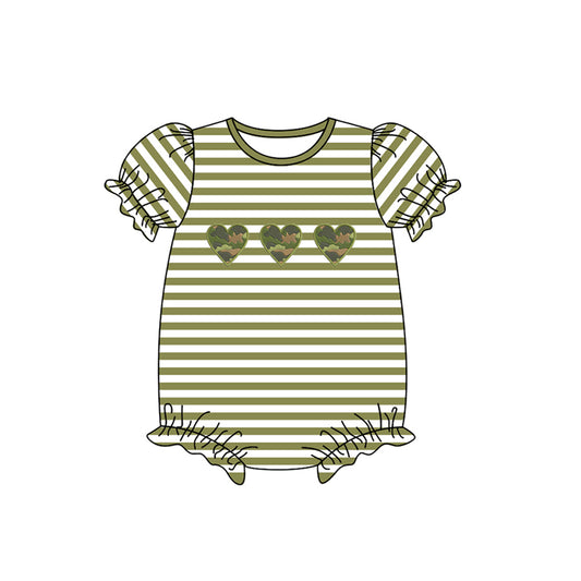 preorder SR0992 Camo Heart Green Striped Short Sleeve Girls Romper