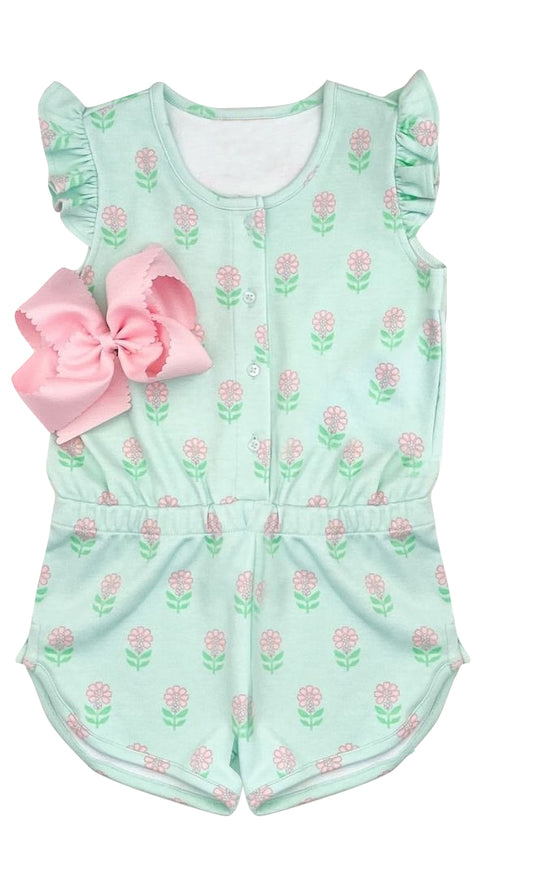 preorder SR0998 Pink Flowers Green Flutter Sleeve Girls Jumpsuits