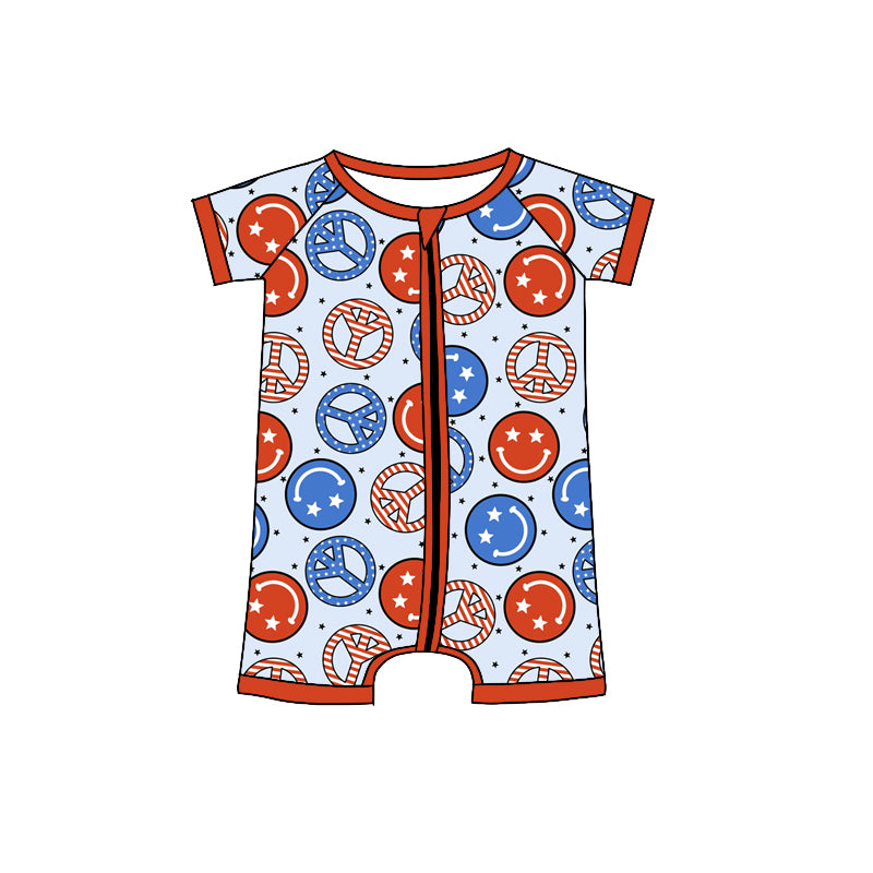 preorder SR0999 July 4th Red Blue Smile Short Sleeve Zipper Boys Romper