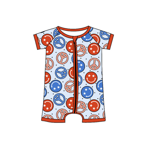 preorder SR0999 July 4th Red Blue Smile Short Sleeve Zipper Boys Romper