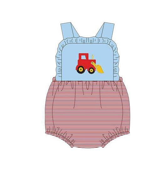 preorder SR1025 Construction Truck Red Striped Sleeveless Girls Romper