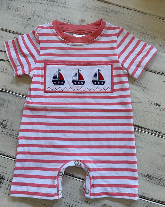 preorder SR1028 Sailboat Red Striped Short Sleeve Boys Romper