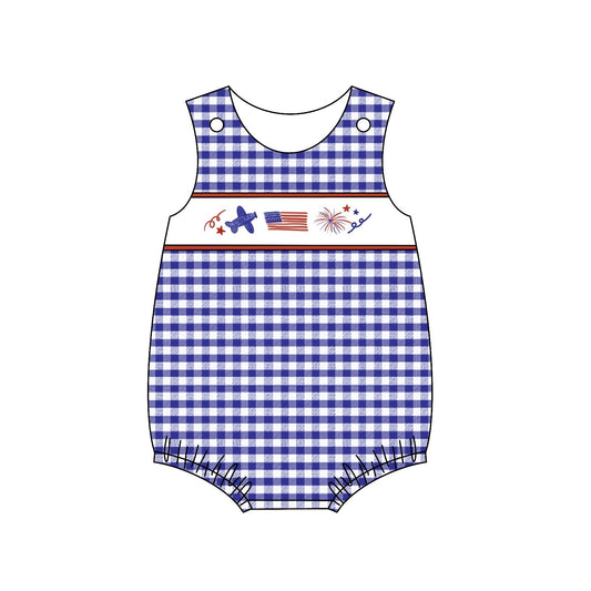 preorder SR1029 July 4th Flag Plane Blue Checkered Sleeveless Boys Summer Romper