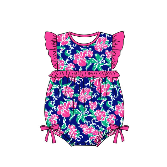 preorder SR1032 Hot Pink Flowers Navy Flutter Sleeve Girls Summer Romper