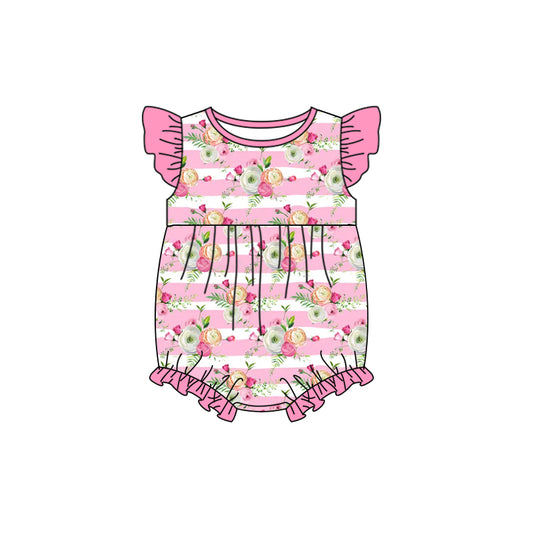 preorder SR1037 Pink Flowers Striped Flutter Sleeve Girls Romper