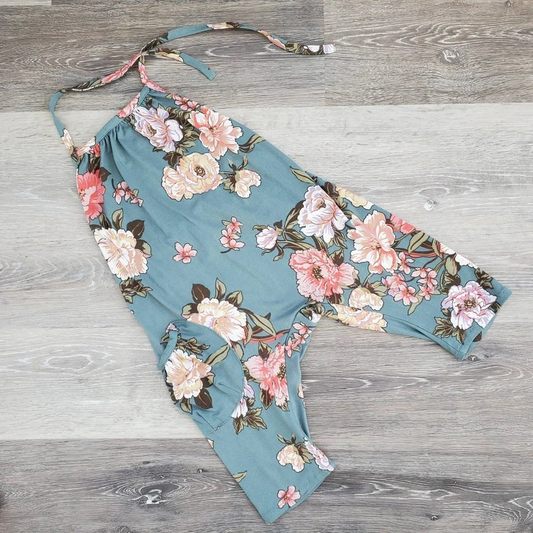 preorder SR1041 Pink Flowers Blue Girls Summer Romper