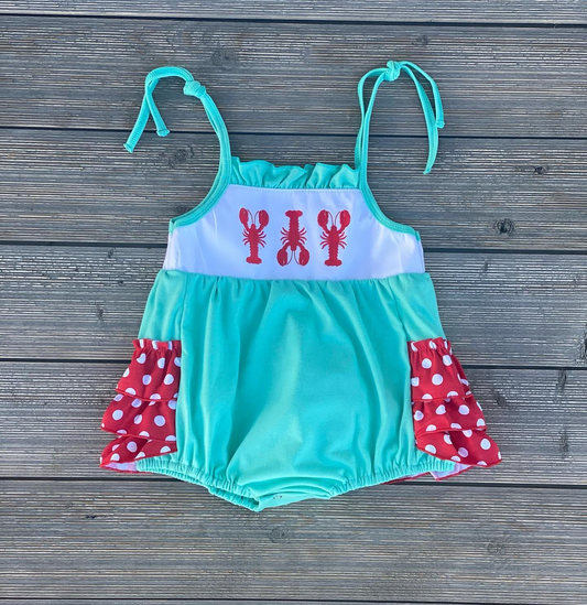 preorder SR1050 Crayfish Blue Checkered Red Pocket Sleeveless Girls Summer Romper