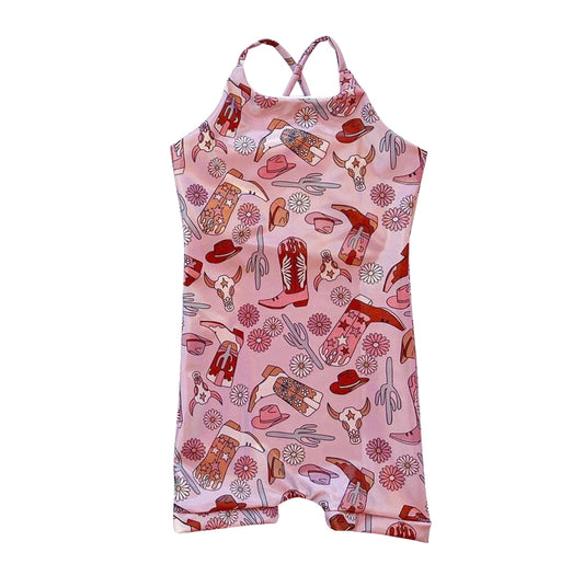 preorder SR1085 Western boot hat cow flowers pink girls romper
