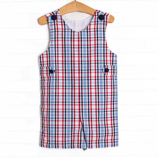 preorder SR1096 Blue red checkered sleeveless boys romper