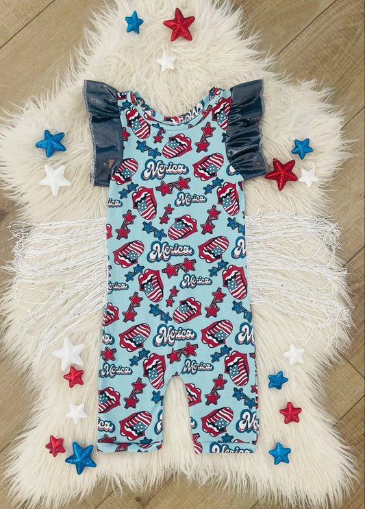 preorder SR1122 July 4th star America blue short sleeve girls romper