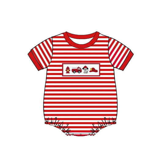 preorder SR1151 Fire truck dog red striped short sleeve boys romper