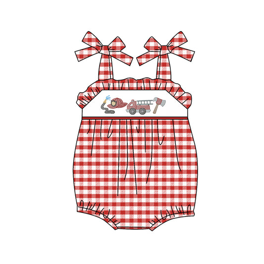 custom moq3 Fire truck red checkered girls romper