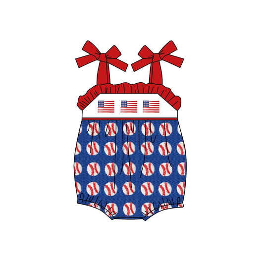 preorder SR1193 July 4th flag baseball blue red sleeveless girls romper