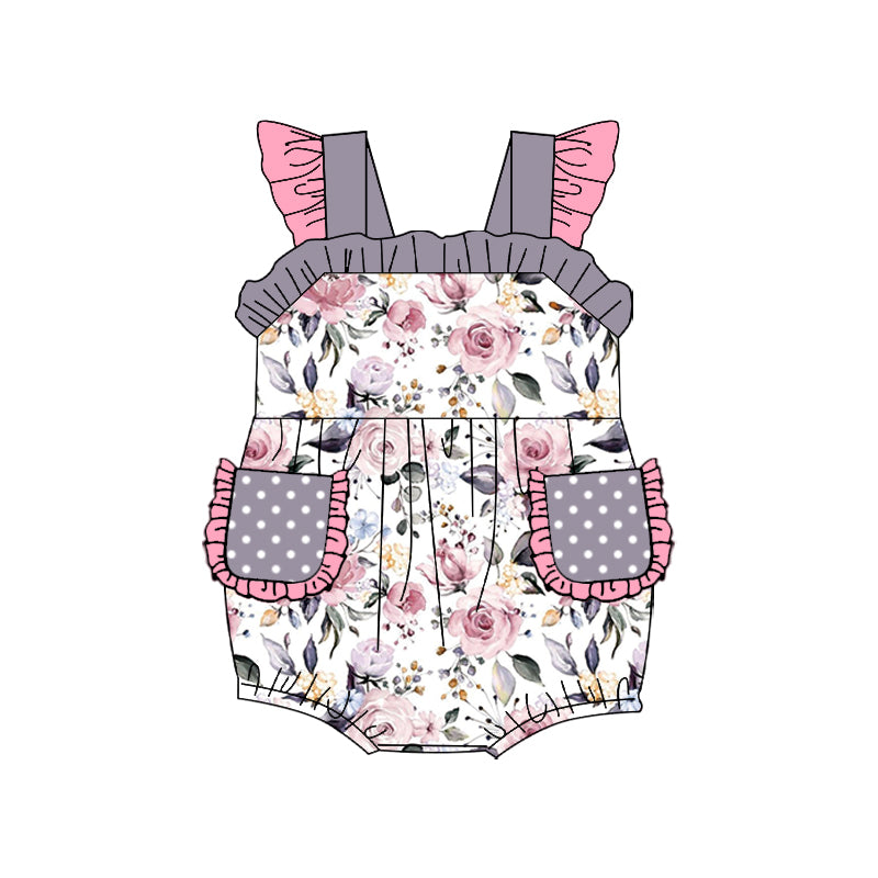 preorder SR1230 Flowers pockets grey flutter sleeve girls romper
